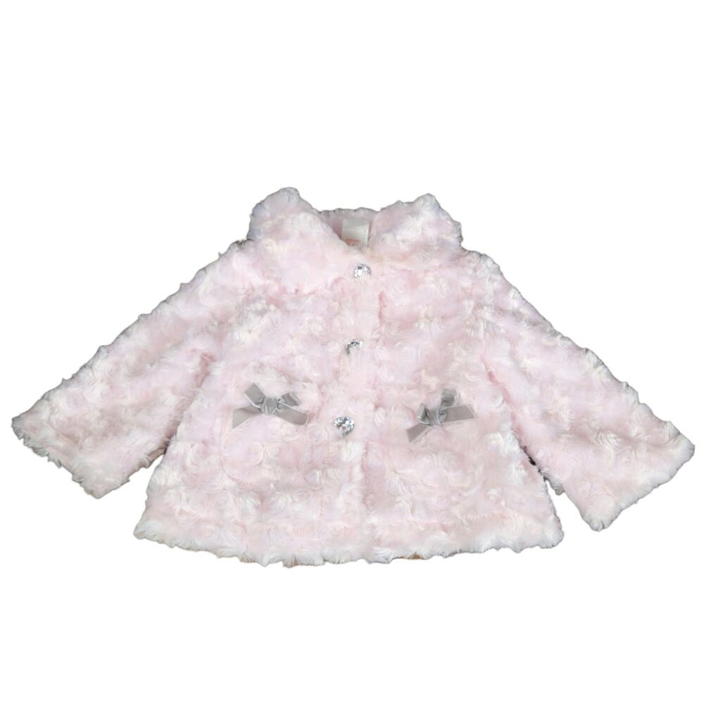 Mini Muffin Pink Faux Fur Jacket 6-9 Months Baby Girl Rosette Coat Satin Bow